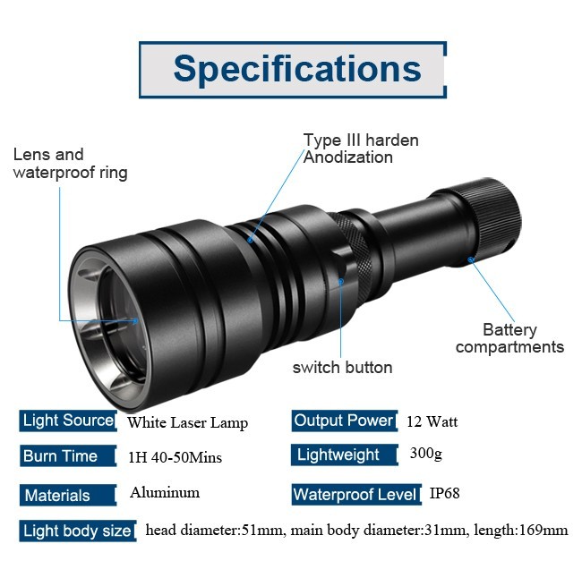 Underwater 200m Scuba Dive Lights LEP With 21700 Li Ion Battery